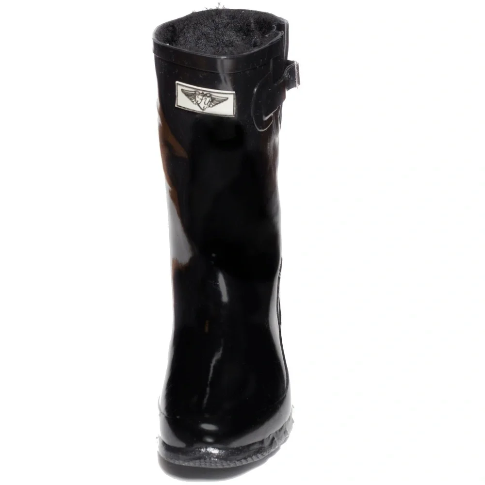 Women's Rain Boots, Rubber Mid Calf Lined RainBoots, RB-1502, Fur Black